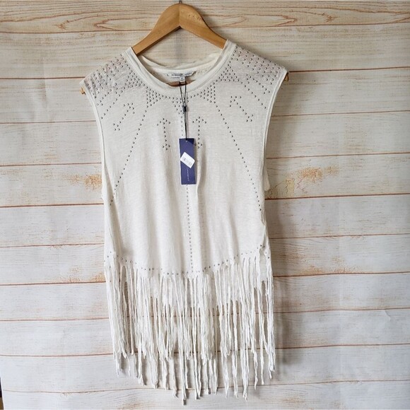 Rebecca Minkoff Gemini Fringe 100% Linen Sleeveless Muscle Tank Top with Studs